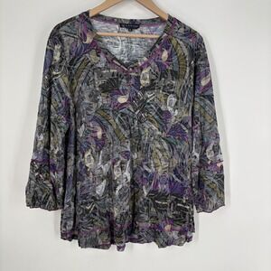 Carine Womens XL Abstract Botanical Print Knit Top V-Neck 3/4 Sleeve Indie Artsy